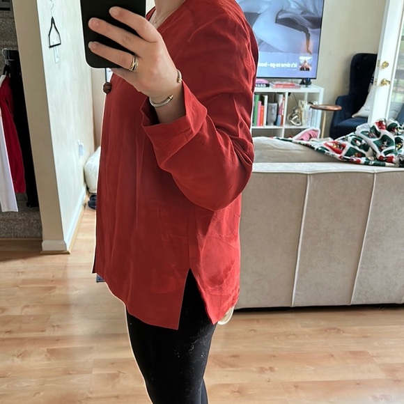 Vintage Asiatica Kansas City Vibrant Red Collarless Blazer with Textured Fabric - Picture 6 of 10